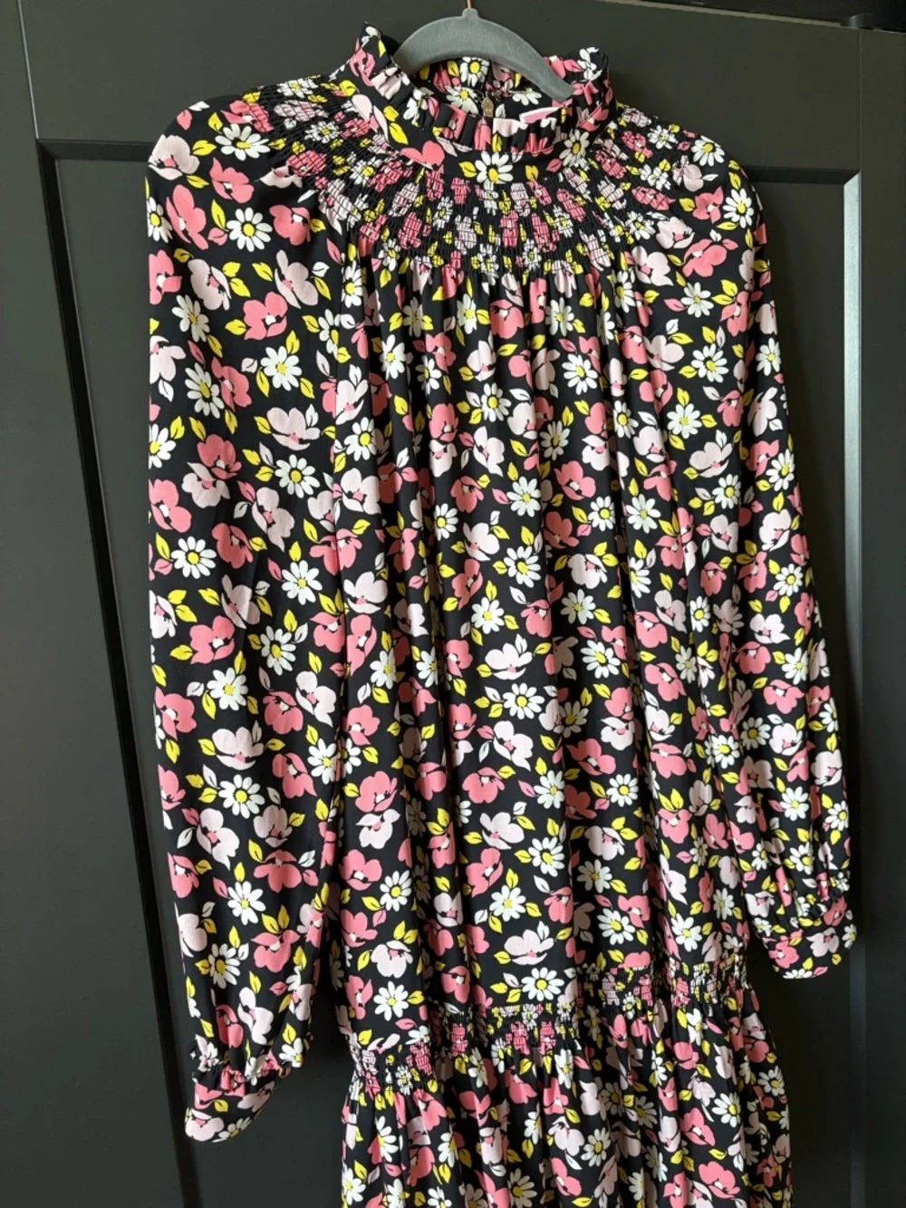 kate spade Black Floral Smocked Neck Dress with Pink & White Flowers